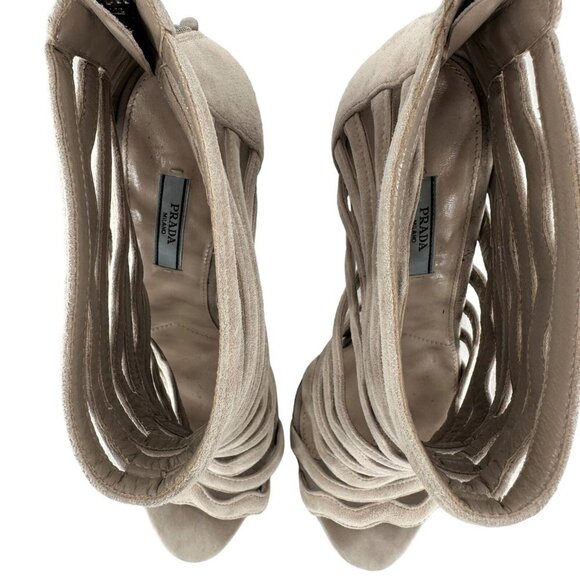 Prada Beige Suede Wavy Shootie Peep Toe Cage Heels Size 41 Neutral - Picture 7 of 9